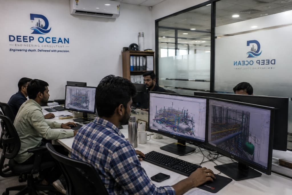 Detailed engineering workstations with dual-display 3D plant modelling workflows